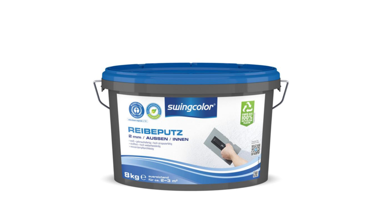 8 kg- Eimer Reibeputz von Swingcolor, für den Innen- und Außenbereich mit Körnung von 2 mm, weiße Farbe, gebrauchsfertig, hoch wetterbeständig und strapazierfähig, wasserdampfdurchlässig, stoßfest